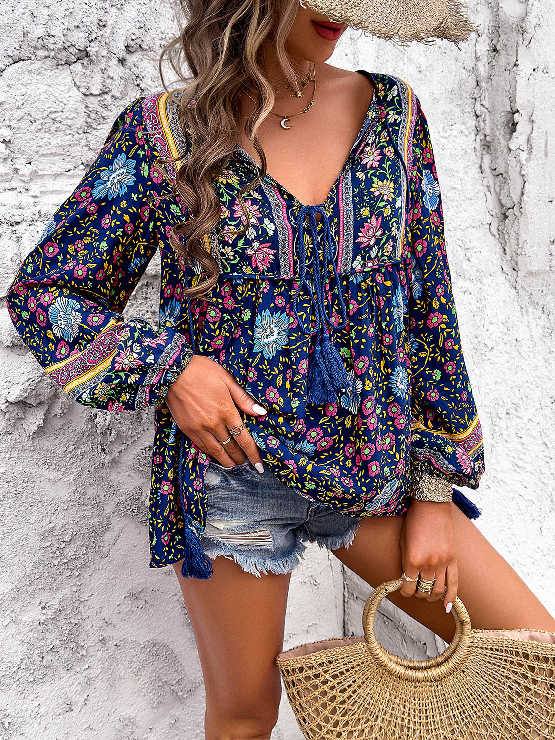 Blue Zone Planet | Devine Printed Tie Neck Long Sleeve Blouse-TOPS / DRESSES-[Adult]-[Female]-2022 Online Blue Zone Planet