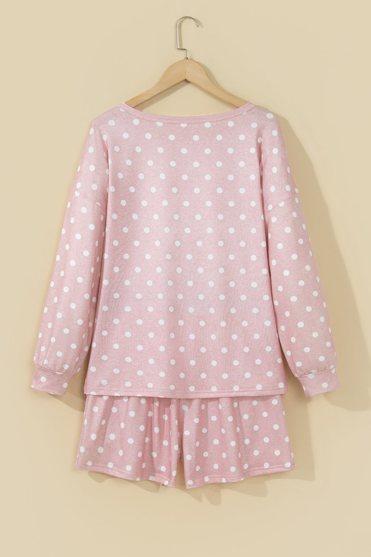 Gray Polka Dot Long Sleeve Top Drawstring Shorts Loose 2pcs Set