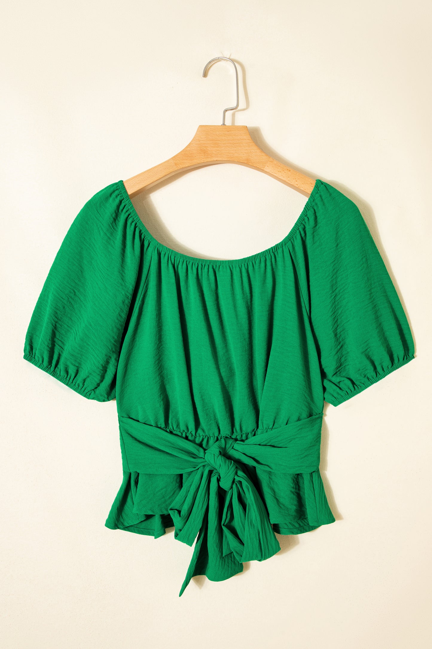 Dark Green Solid Color Ruched Crossed Waist Tied Back Short Sleeve Peplum Top-Tops/Blouses & Shirts-[Adult]-[Female]-2022 Online Blue Zone Planet
