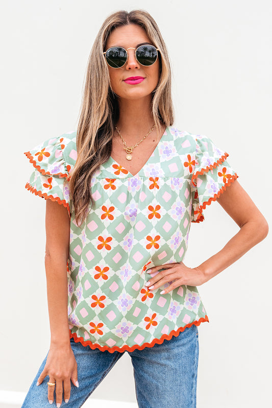 Green Geometric Floral Print Layered Flutter Sleeve V Neck Ric Rac Trim Blouse-Tops/Blouses & Shirts-[Adult]-[Female]-Green-S-2022 Online Blue Zone Planet