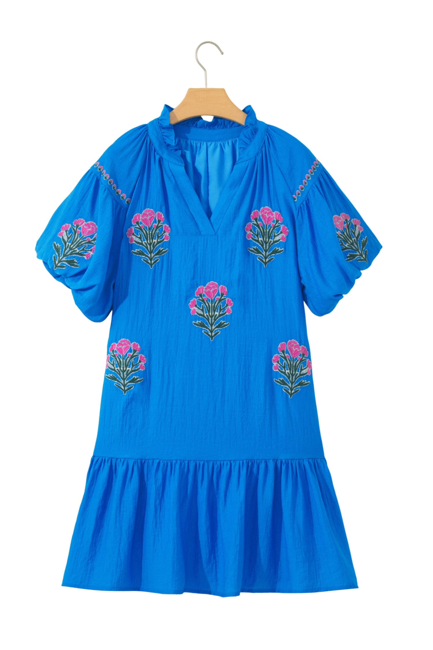 Blue Flower Embroidered Split Neck Short Puff Sleeve Ruffle Hem Dress-TOPS / DRESSES-[Adult]-[Female]-2022 Online Blue Zone Planet