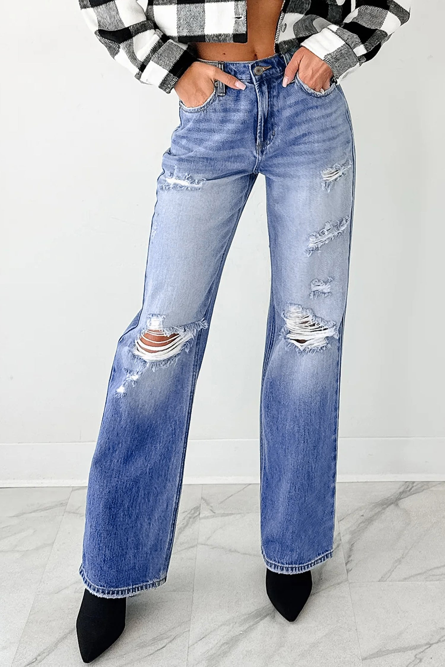 Myosotis Mid Rise Distressed Sneak Peek Straight Leg Jeans-Bottoms/Jeans-[Adult]-[Female]-2022 Online Blue Zone Planet