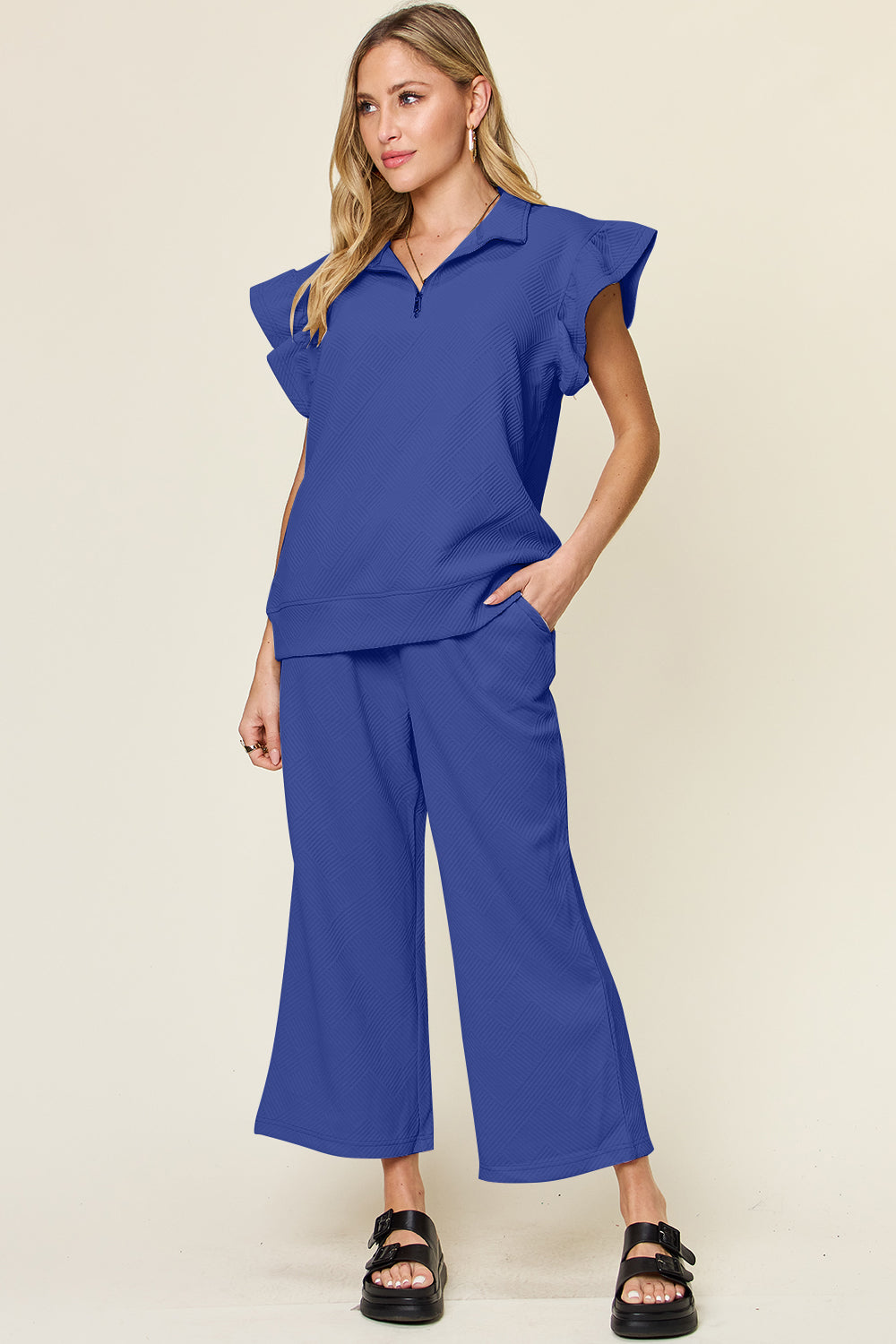 Blue Zone Planet | Double Take Texture Ruffle Short Sleeve Top and Drawstring Wide Leg Pants Set-TOPS / DRESSES-[Adult]-[Female]-Royal Blue-S-2022 Online Blue Zone Planet