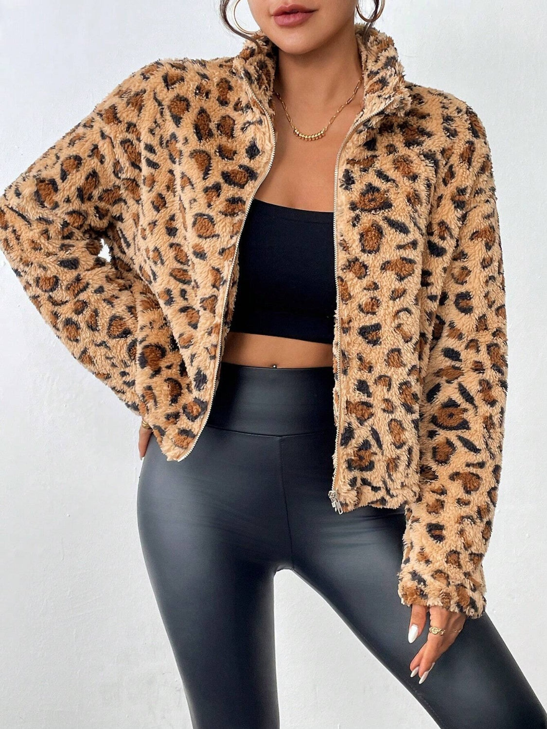 Fuzzy Turtleneck Leopard Zip Up Jacket-TOPS / DRESSES-[Adult]-[Female]-2022 Online Blue Zone Planet