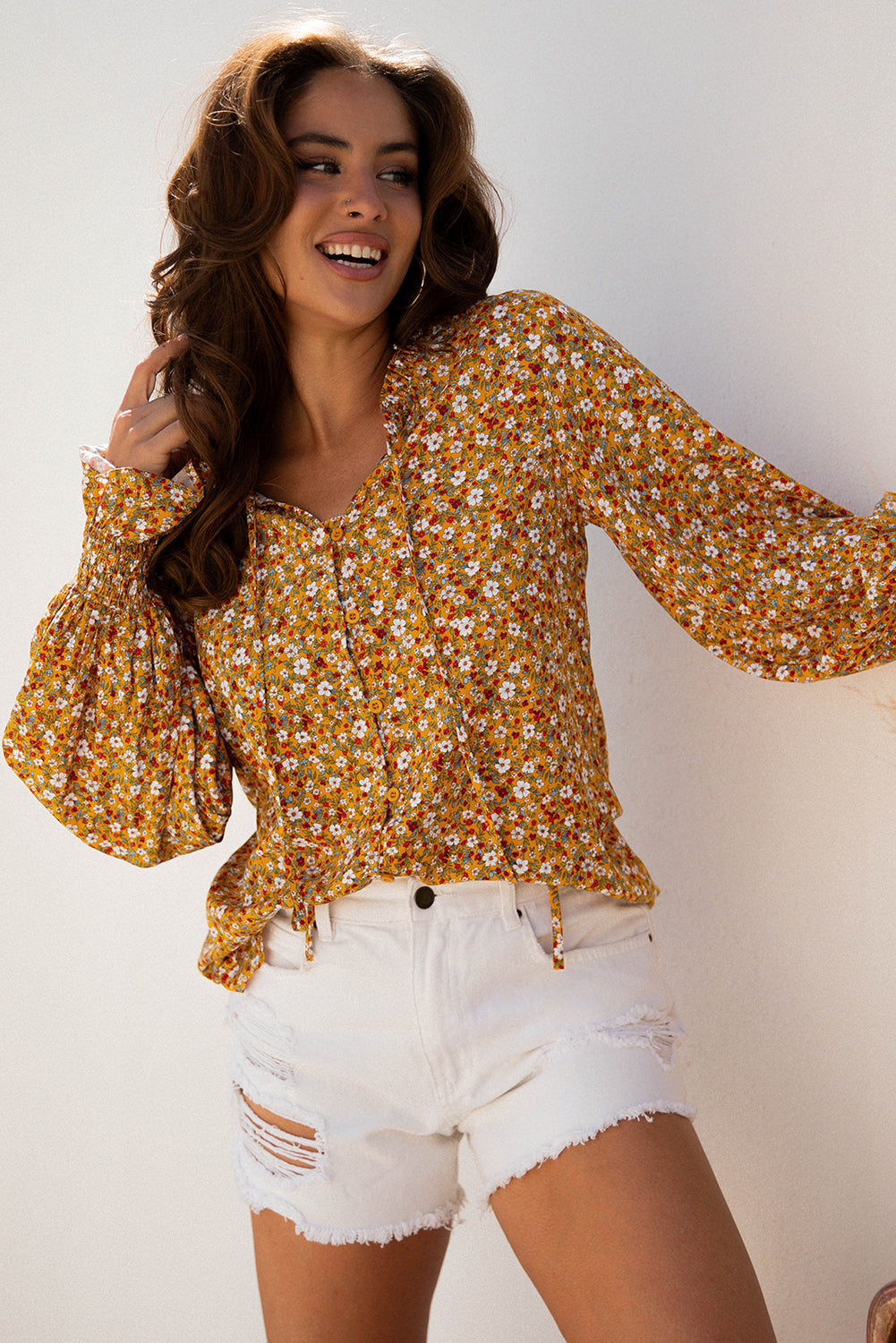 Orange Boho Floral Ruffled Bubble Sleeve V Neck Fall Blouse-Tops/Blouses & Shirts-[Adult]-[Female]-2022 Online Blue Zone Planet