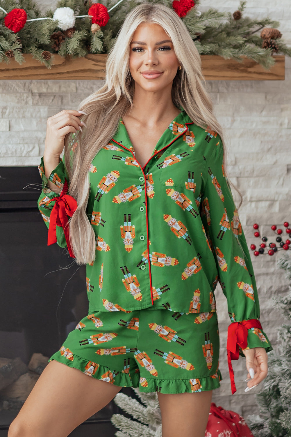 Green Christmas Candy Contrast Trim Bow Knot Silky 2pcs Pajama Set-Sleepwear-[Adult]-[Female]-2022 Online Blue Zone Planet
