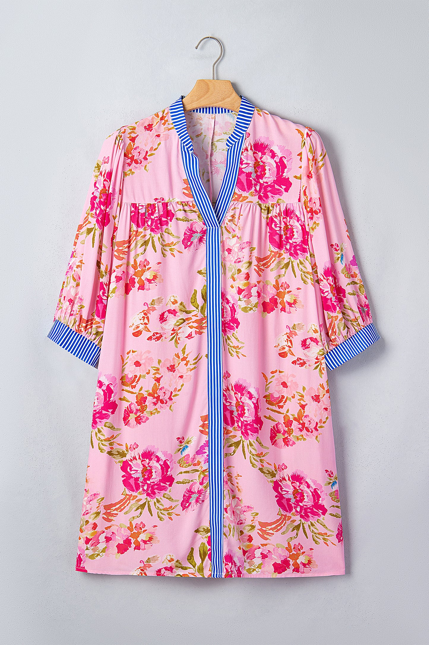 Multicolour Floral Striped Patchwork Trim Half Sleeve Mini Dress-Dresses/Floral Dresses-[Adult]-[Female]-2022 Online Blue Zone Planet