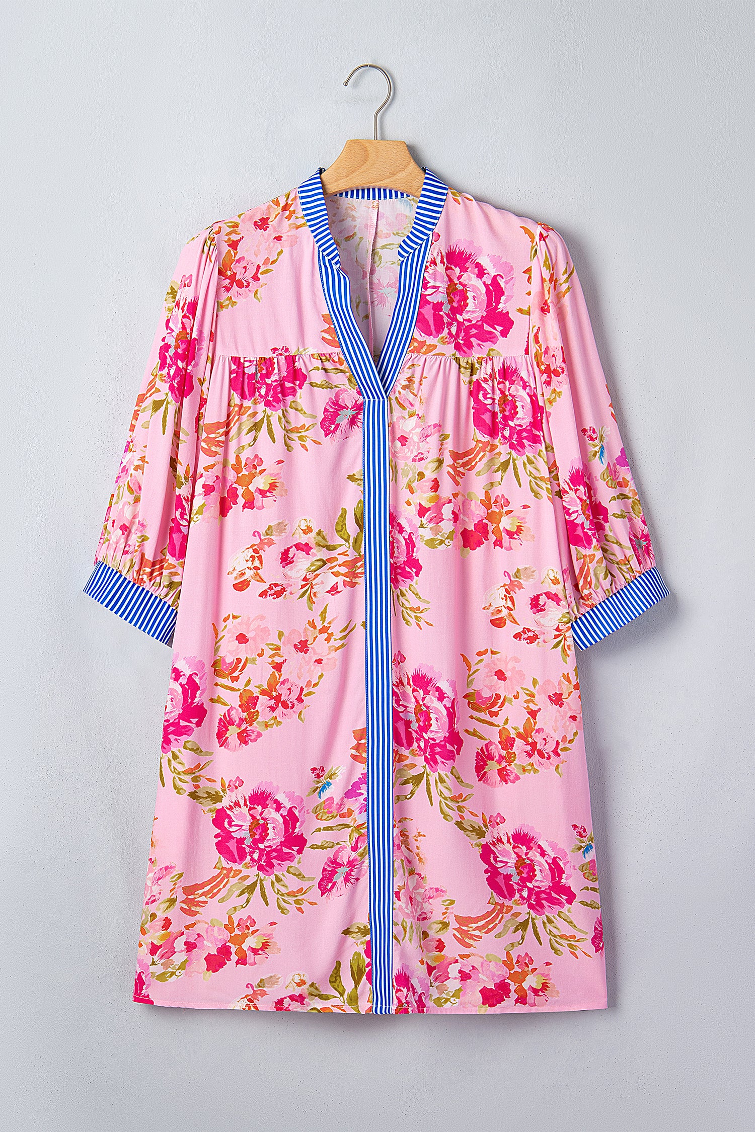 Multicolour Floral Striped Patchwork Trim Half Sleeve Mini Dress-Dresses/Floral Dresses-[Adult]-[Female]-2022 Online Blue Zone Planet