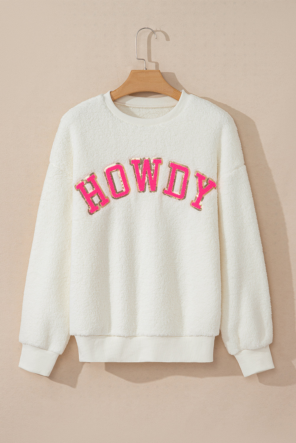 HOWDY Patched Round Neck Sherpa Sweatshirt-TOPS / DRESSES-[Adult]-[Female]-2022 Online Blue Zone Planet