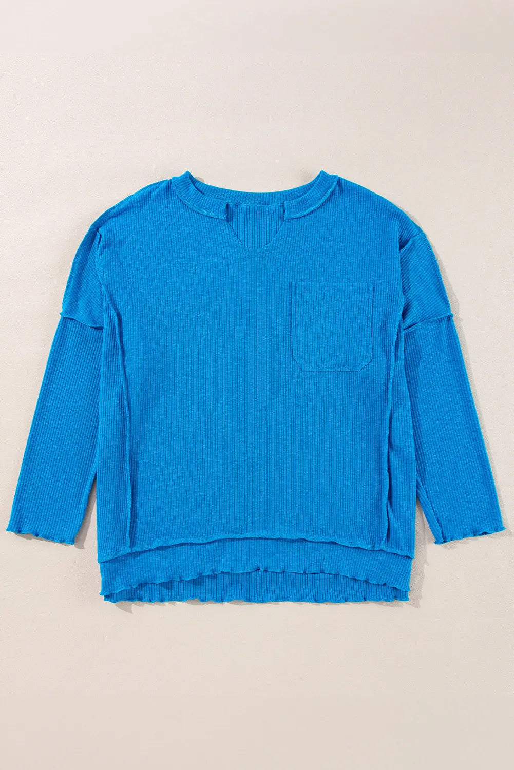 Exposed Seam Notched Long Sleeve Blouse-TOPS / DRESSES-[Adult]-[Female]-2022 Online Blue Zone Planet