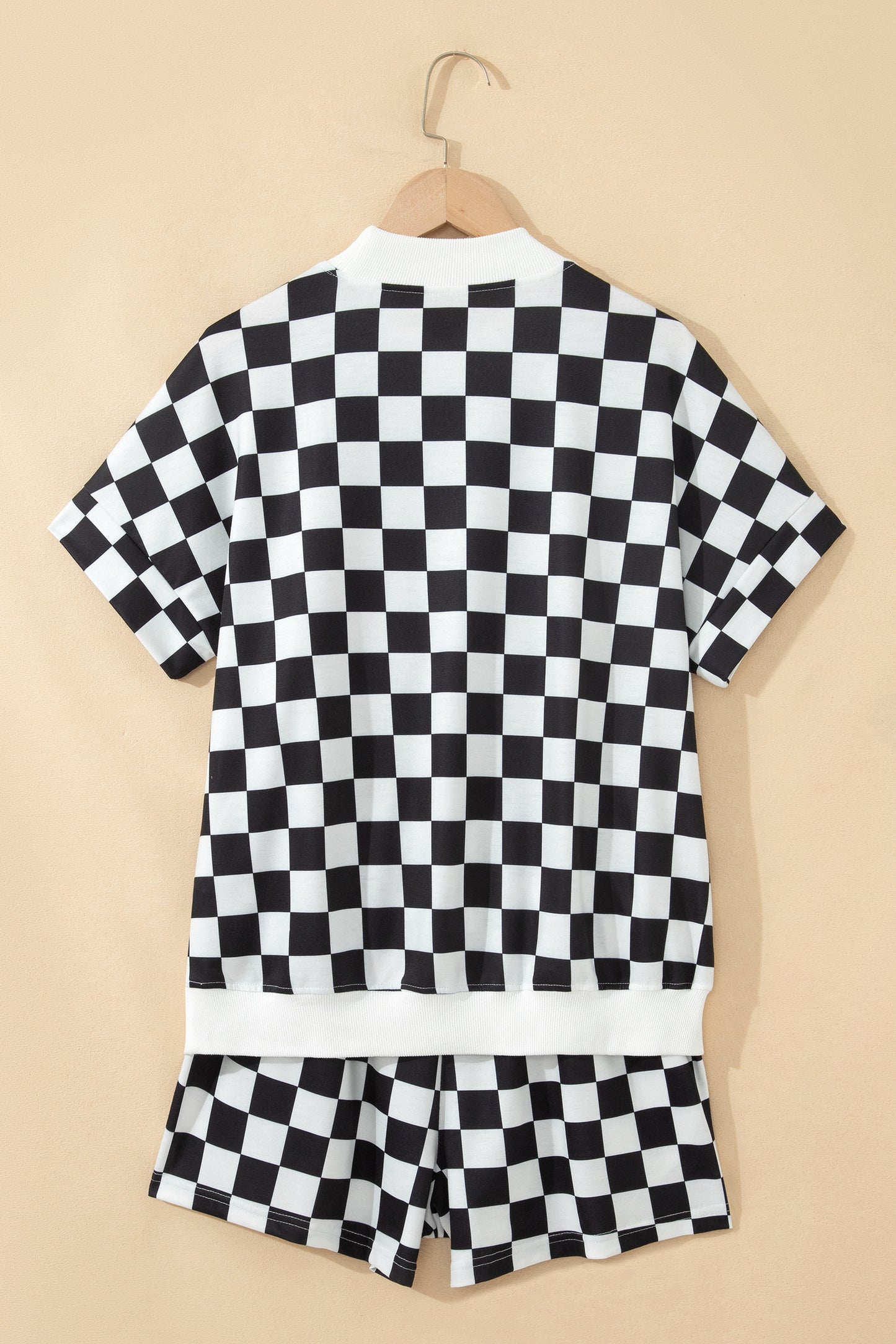 Pink Checkered Print Color Block Trim Mock Neck Short Set-Two Piece Sets/Short Sets-[Adult]-[Female]-2022 Online Blue Zone Planet