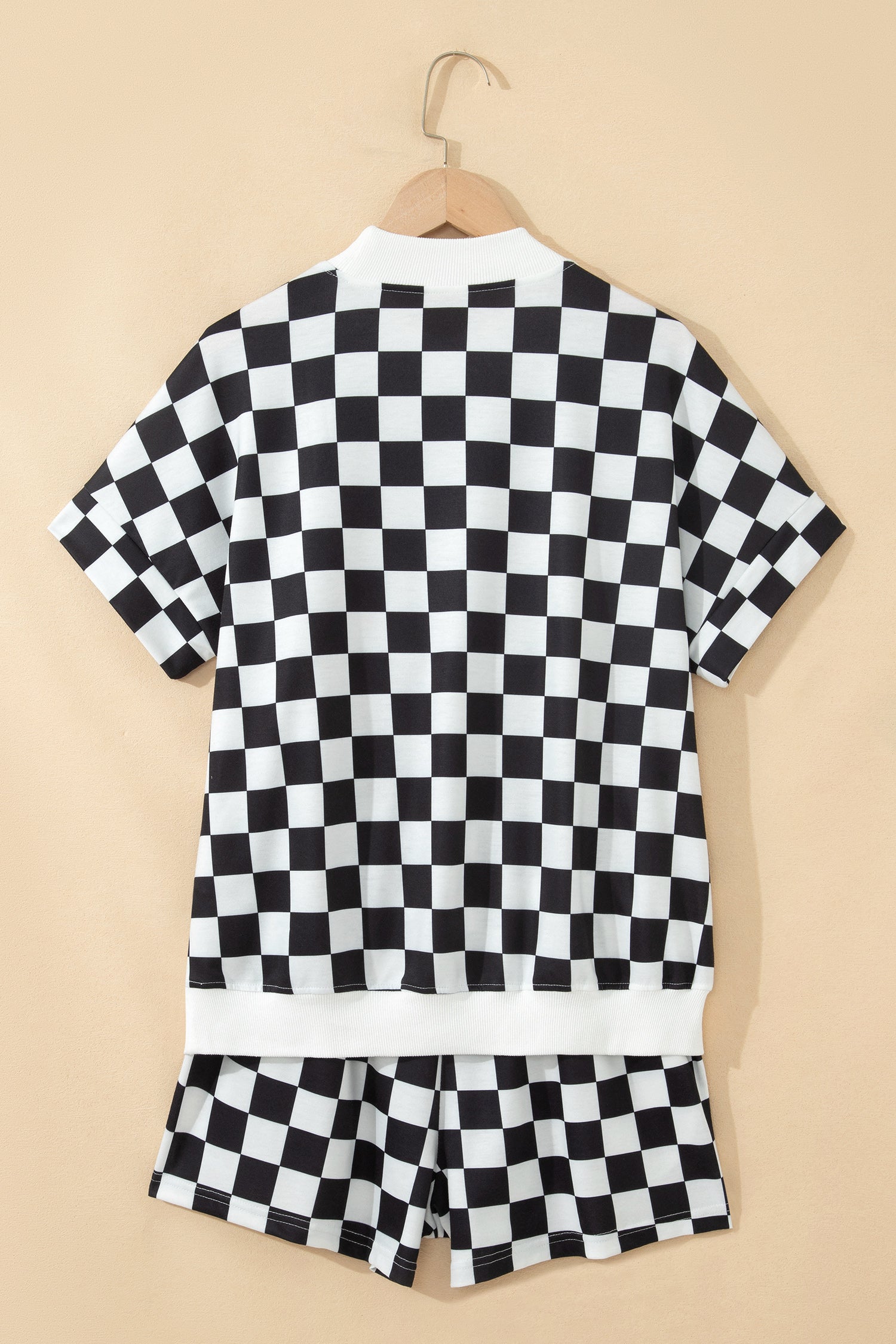 Pink Checkered Print Color Block Trim Mock Neck Short Set-Two Piece Sets/Short Sets-[Adult]-[Female]-2022 Online Blue Zone Planet