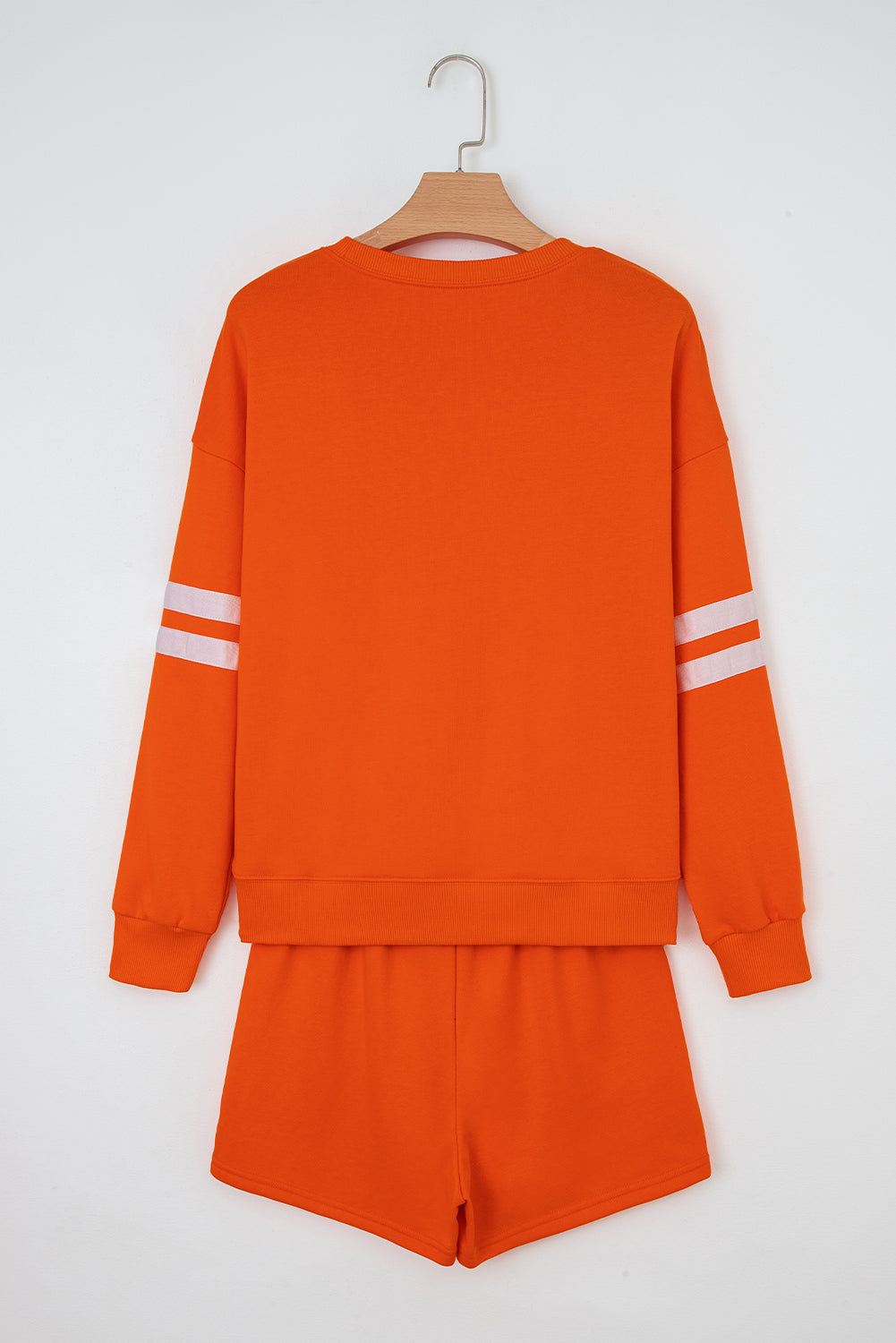 Orange Varsity Striped Sleeve Drop Shoulder Sweatshirt and Short Set-Two Piece Sets/Short Sets-[Adult]-[Female]-2022 Online Blue Zone Planet