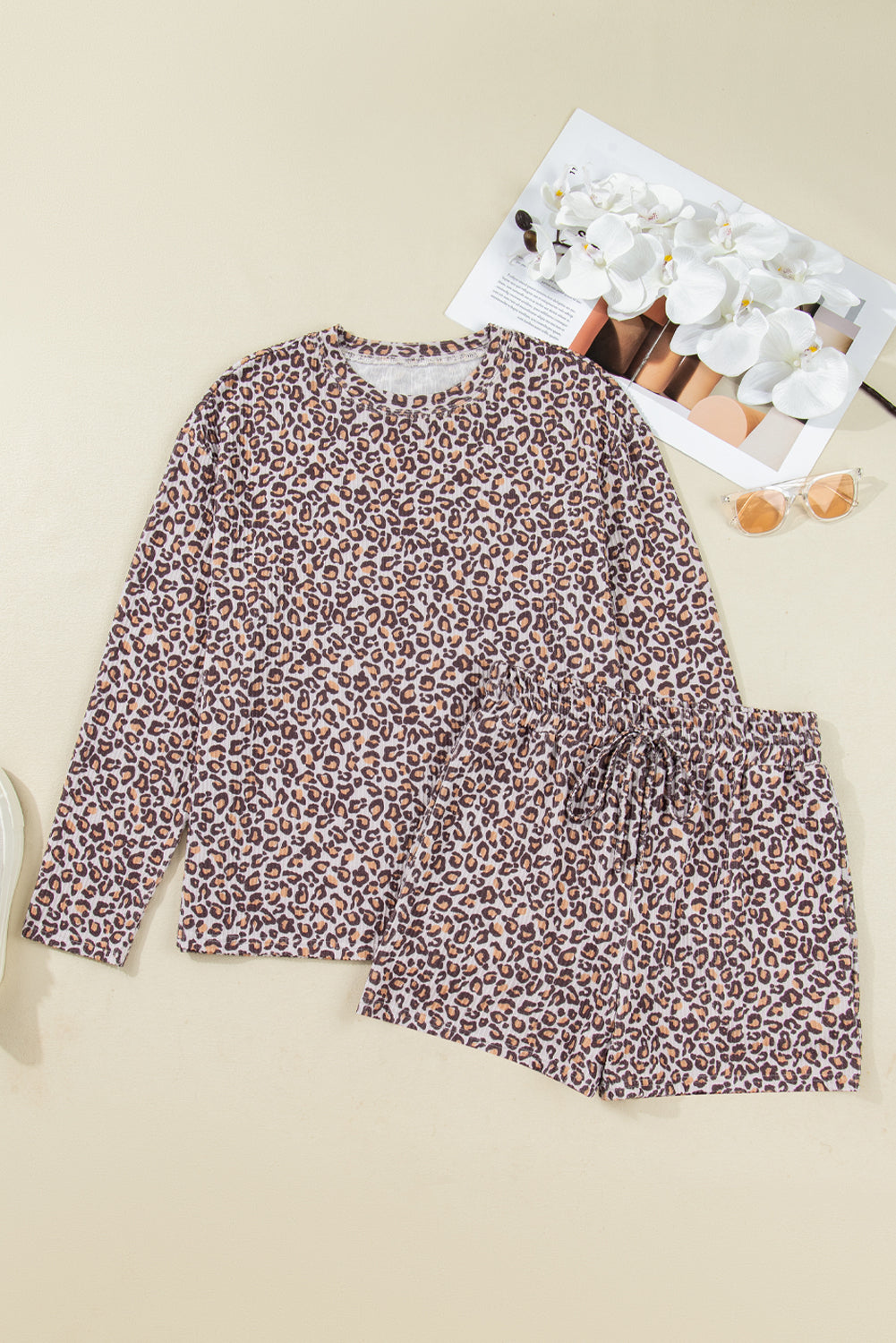 Khaki Leopard Ribbed Long Sleeve Top Drawstring Shorts 2pcs Outfit-Two Piece Sets/Short Sets-[Adult]-[Female]-2022 Online Blue Zone Planet