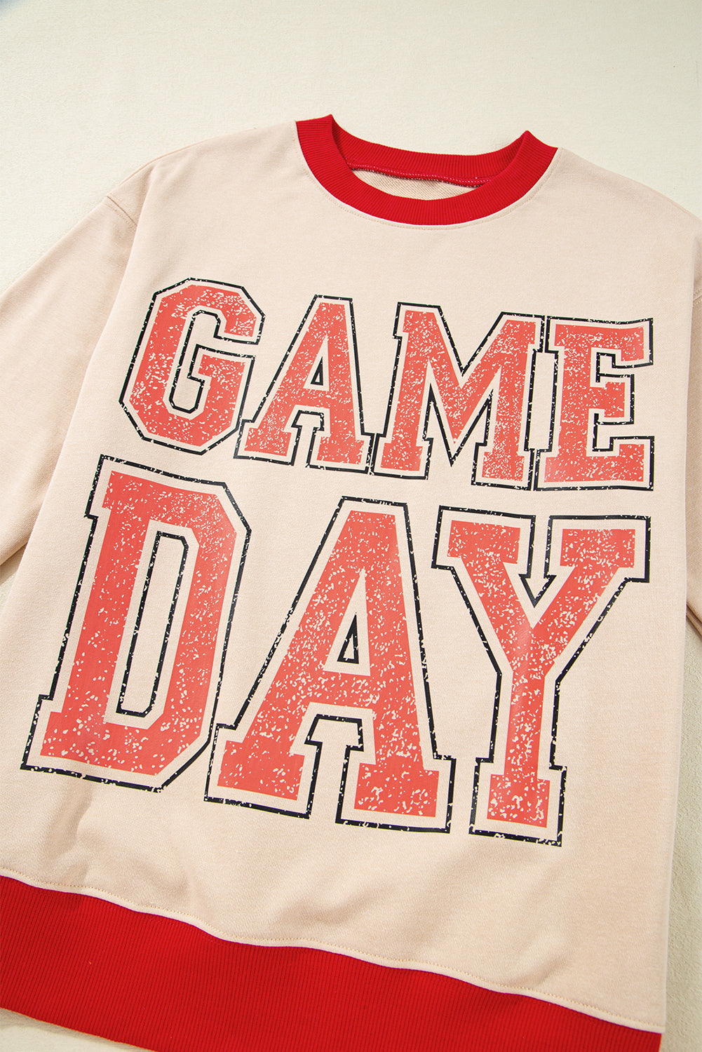Oatmeal Game Day Letter Graphic Varsity Striped Detail Baggy Sweatshirt-Tops/Sweatshirts & Hoodies-[Adult]-[Female]-2022 Online Blue Zone Planet