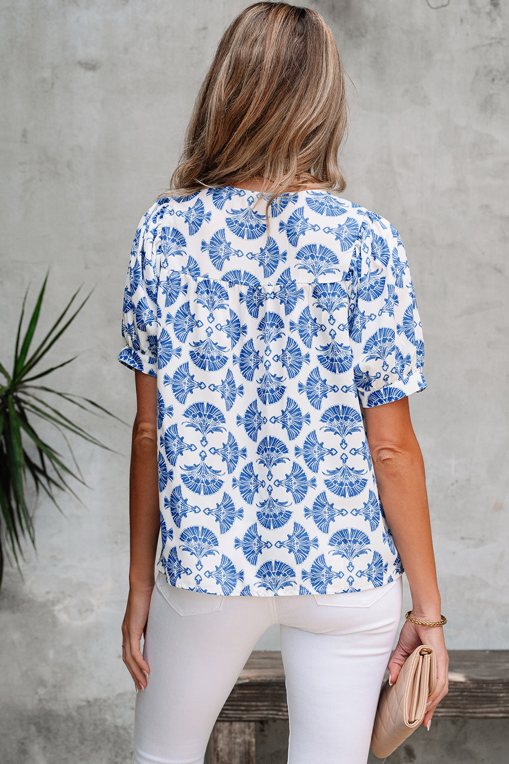 Sky Blue Geometric Print Tassel Drawstring V Neck Blouse-Tops/Blouses & Shirts-[Adult]-[Female]-2022 Online Blue Zone Planet