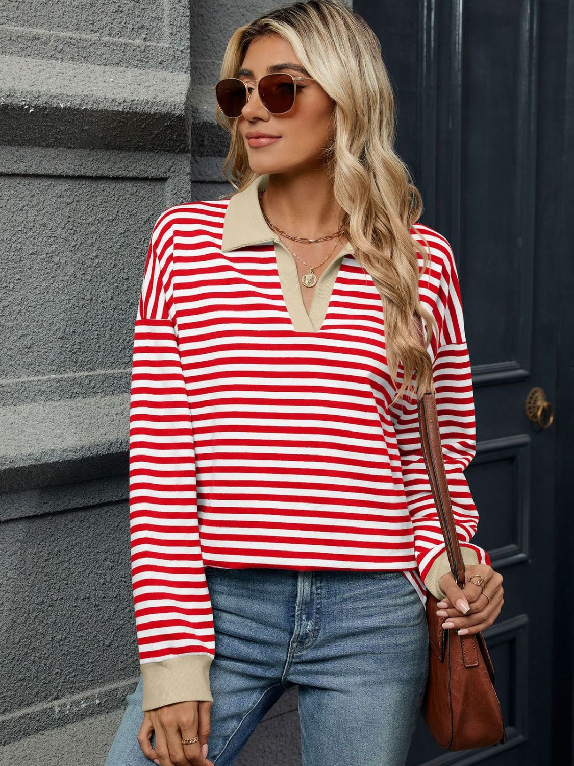 Striped Johnny Collar Long Sleeve Sweatshirt-TOPS / DRESSES-[Adult]-[Female]-Red/White-S-2022 Online Blue Zone Planet