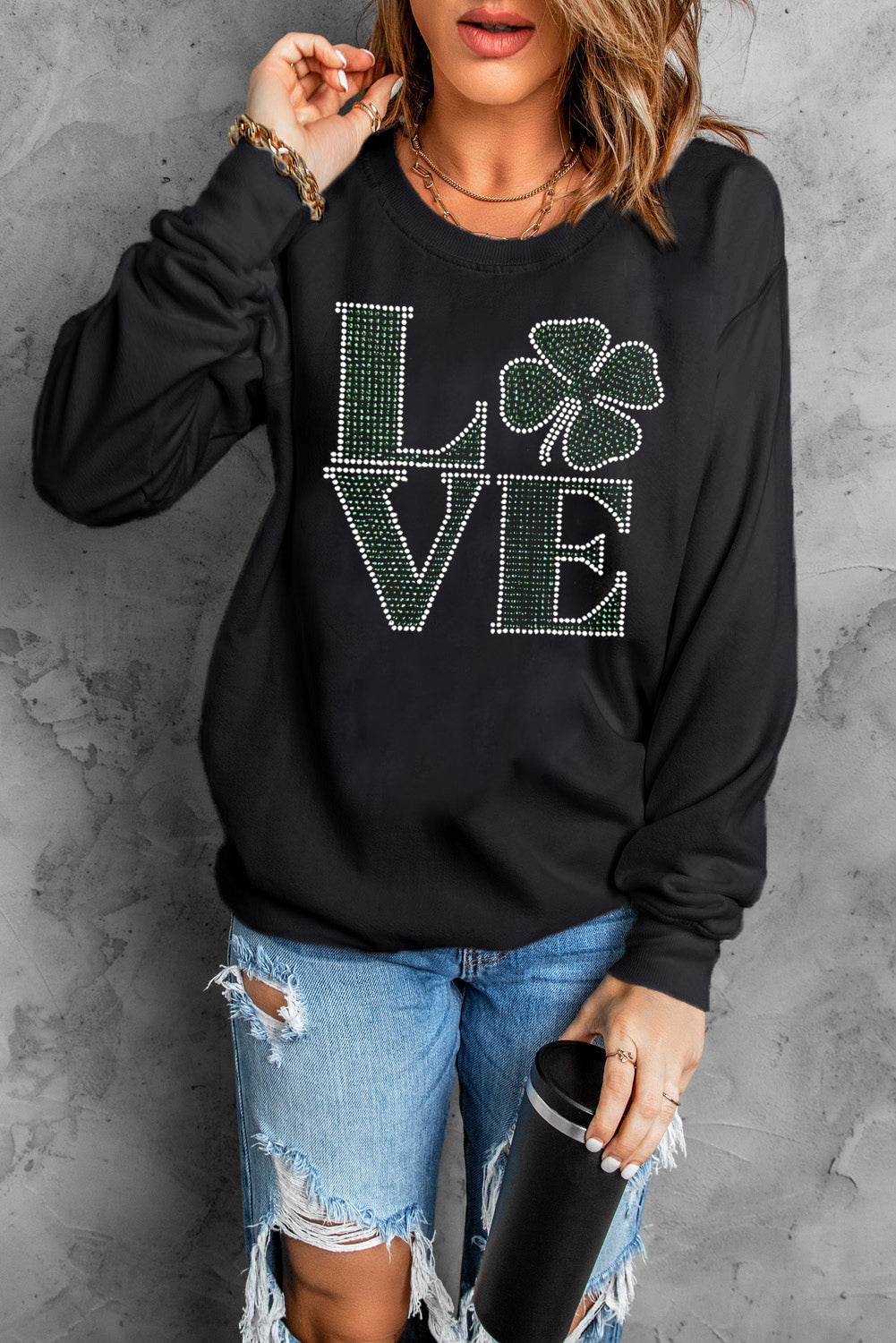 LOVE Rhinestone Clover Round Neck Sweatshirt-TOPS / DRESSES-[Adult]-[Female]-2022 Online Blue Zone Planet