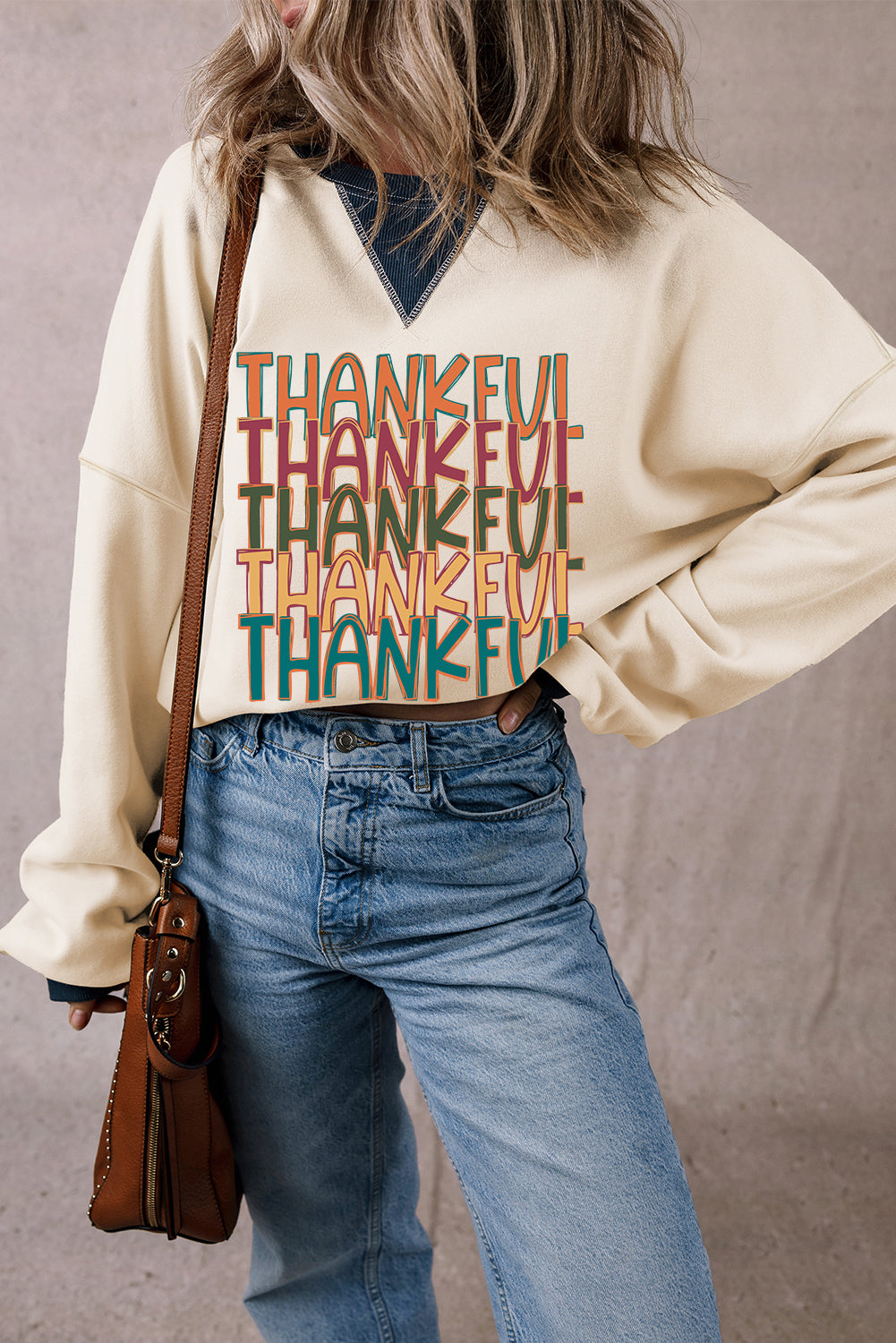 White THANKFUL Graphic Colorblock Edge Oversized Thanksgiving Sweatshirt-Graphic/Graphic Sweatshirts-[Adult]-[Female]-2022 Online Blue Zone Planet