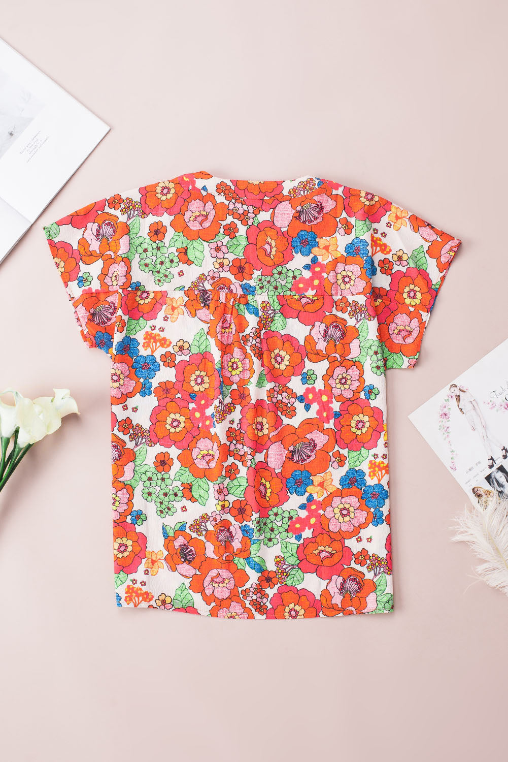 Fiery Red Floral Split Neck Top-Tops/Blouses & Shirts-[Adult]-[Female]-2022 Online Blue Zone Planet