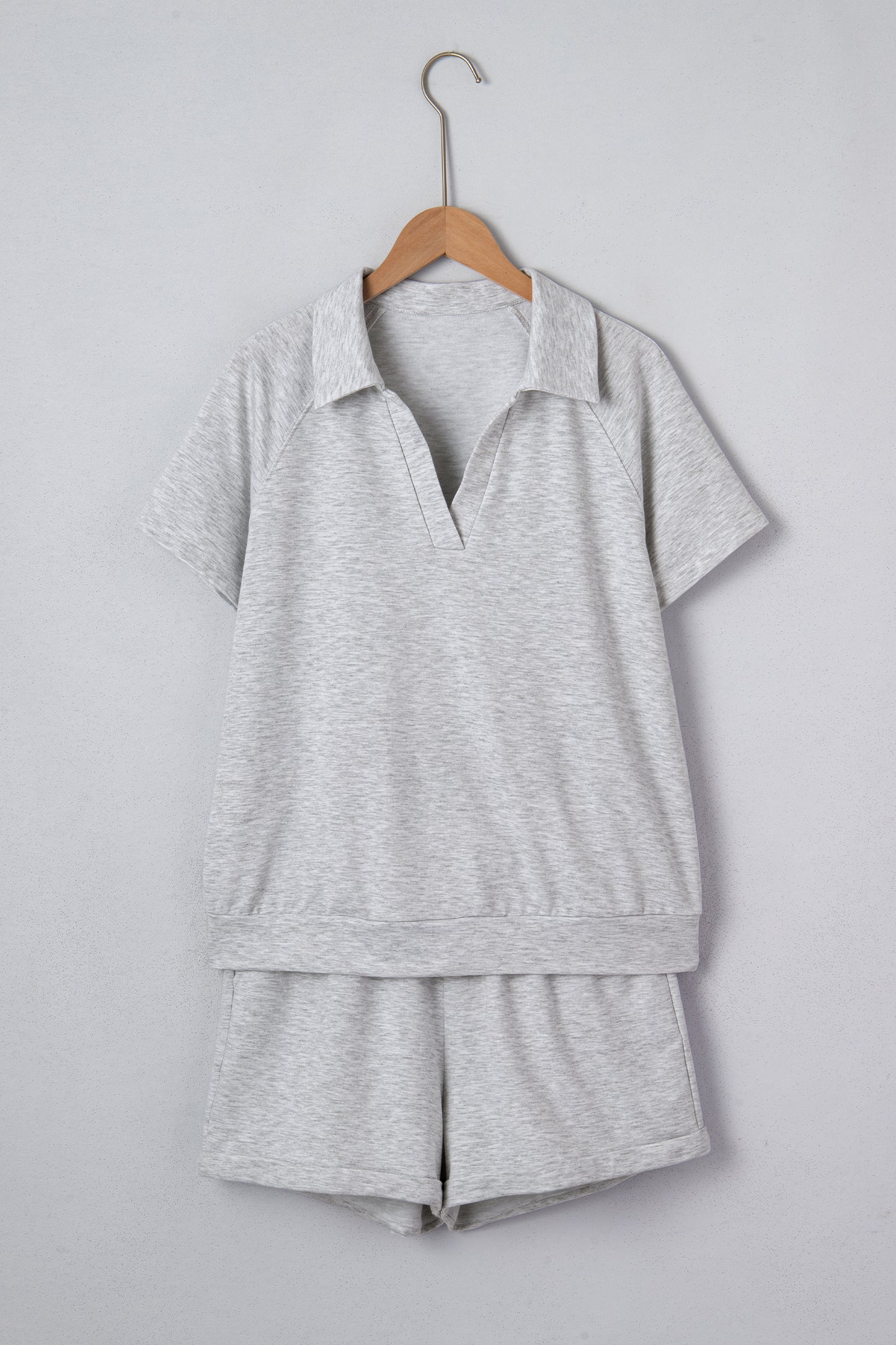 Light Grey Collared V Neck Tee Drawstring Elastic Waist Shorts 2pcs Outfit-Two Piece Sets/Short Sets-[Adult]-[Female]-Light Grey-S-2022 Online Blue Zone Planet