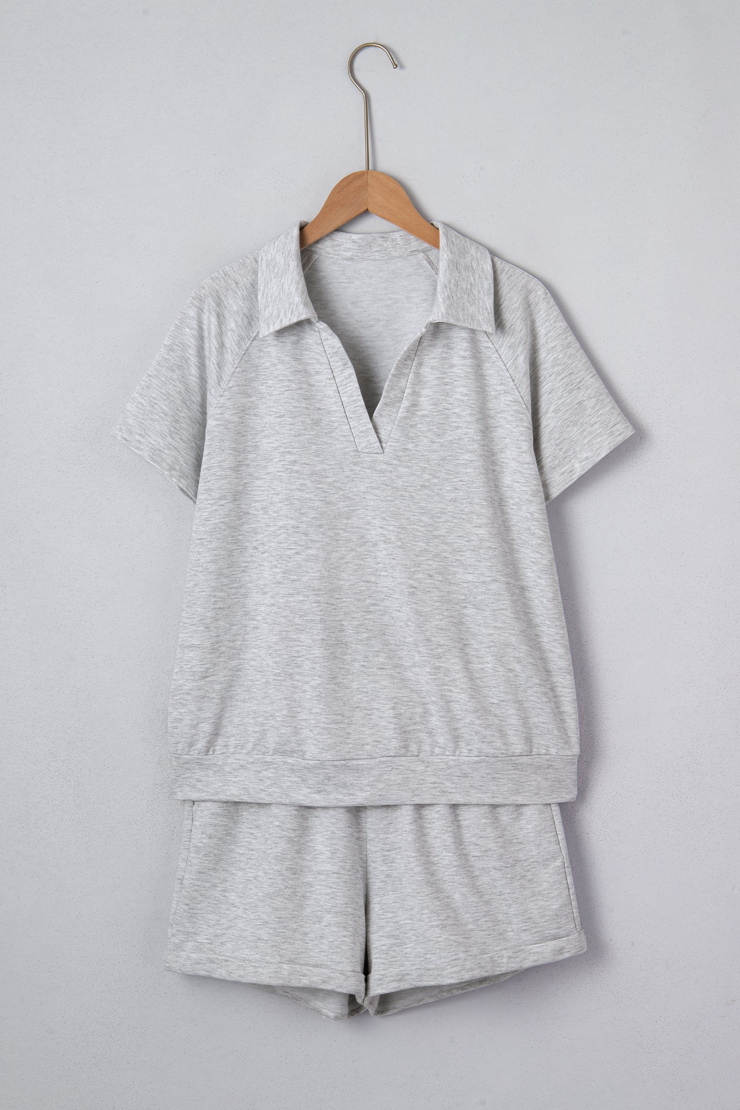 Light Grey Collared V Neck Tee Drawstring Elastic Waist Shorts 2pcs Outfit-Two Piece Sets/Short Sets-[Adult]-[Female]-Light Grey-S-2022 Online Blue Zone Planet