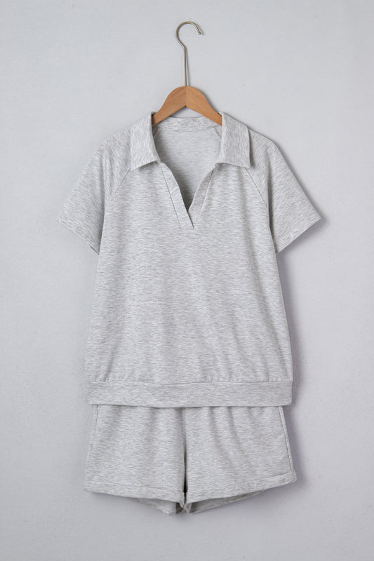 Light Grey Collared V Neck Tee Drawstring Elastic Waist Shorts 2pcs Outfit-Two Piece Sets/Short Sets-[Adult]-[Female]-Light Grey-S-2022 Online Blue Zone Planet