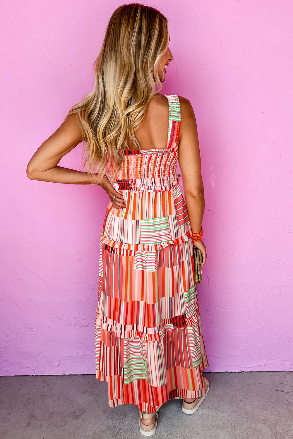 Carrot Mix Striped Wide Straps Smocked Tiered Maxi Dress-TOPS / DRESSES-[Adult]-[Female]-2022 Online Blue Zone Planet