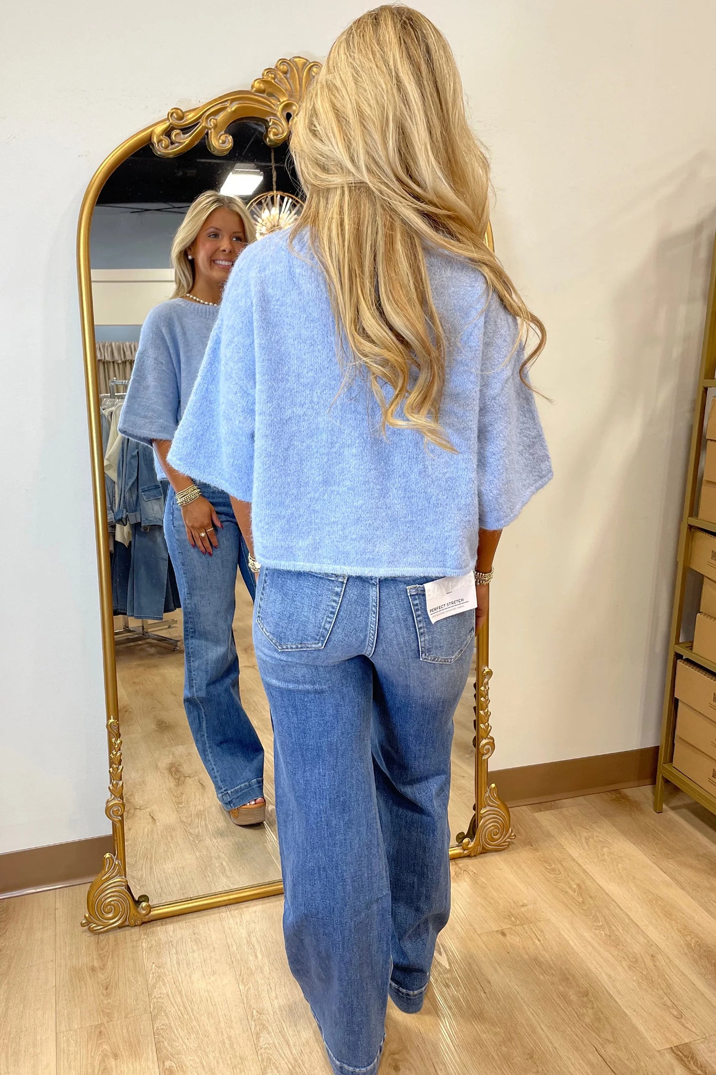 Beau Blue 3/4 Sleeve Boxy Knit Button Down Sweater Cardigan-Sweaters & Cardigans/Cardigans-[Adult]-[Female]-2022 Online Blue Zone Planet