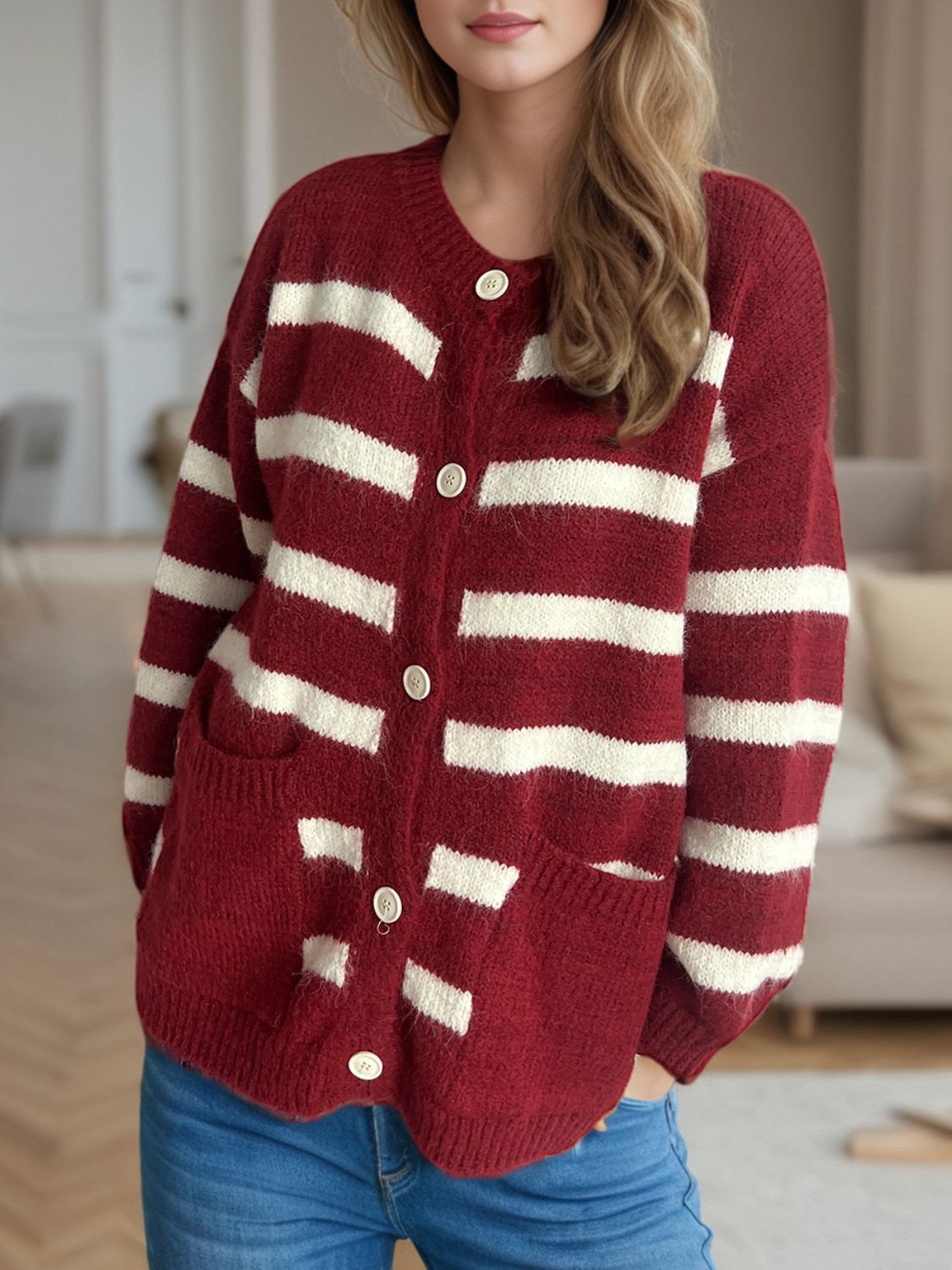 Blue Zone Planet | Striped Button Down Long Sleeve Cardigan-TOPS / DRESSES-[Adult]-[Female]-Burgundy-One Size-2022 Online Blue Zone Planet