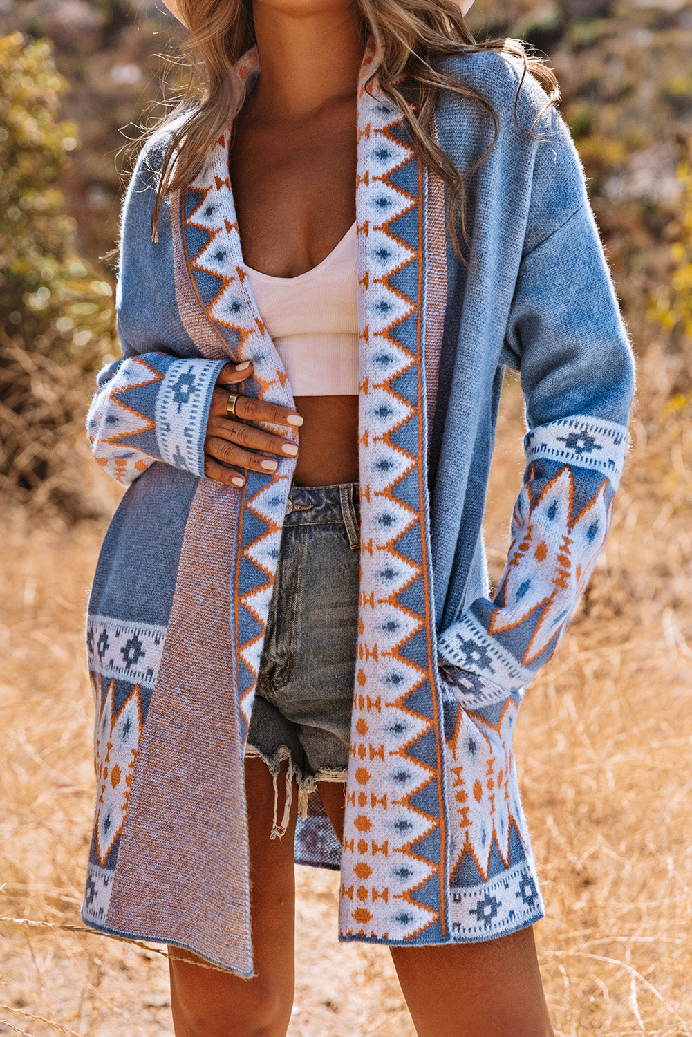 Brown Aztec Print Open Front Knitted Cardigan-Sweaters & Cardigans/Cardigans-[Adult]-[Female]-Blue-XS-2022 Online Blue Zone Planet