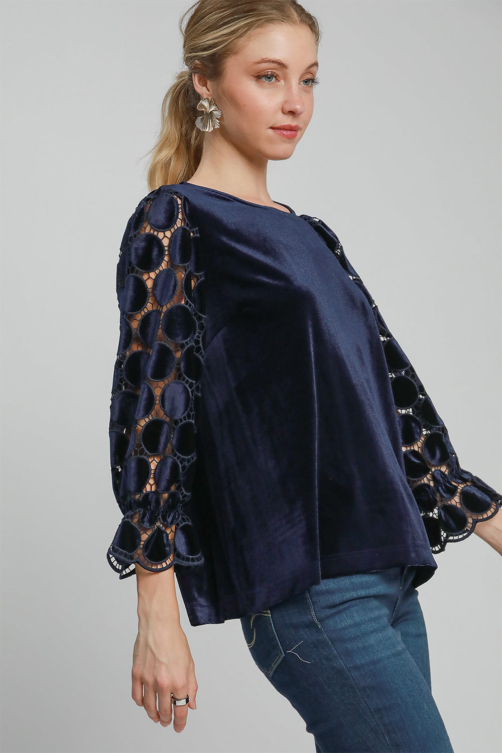 Umgee Polka Dot Lace Long Sleeve Round Neck Blouse-TOPS / DRESSES-[Adult]-[Female]-2022 Online Blue Zone Planet