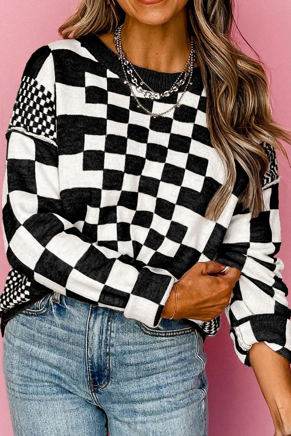 Blue Zone Planet | Checkered Round Neck Long Sleeve Sweater-TOPS / DRESSES-[Adult]-[Female]-Black-L-2022 Online Blue Zone Planet