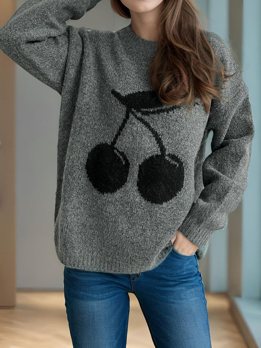 Blue Zone Planet | Cherry Round Neck Long Sleeve Sweater-TOPS / DRESSES-[Adult]-[Female]-Dark Gray-One Size-2022 Online Blue Zone Planet