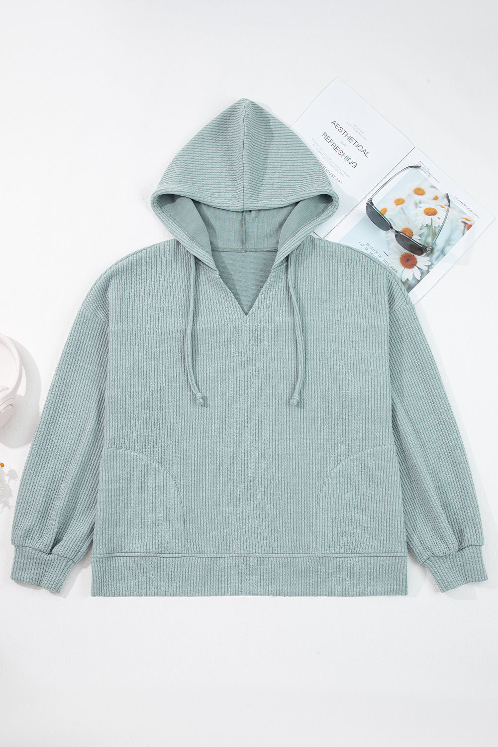 Clearly Aqua Ribbed Drop Shoulder Knit Hoodie-Tops / Dresses-[Adult]-[Female]-2022 Online Blue Zone Planet