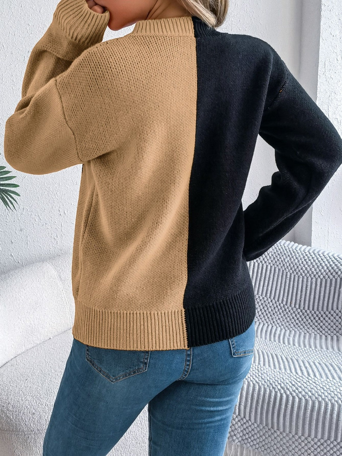 Contrast Round Neck Long Sleeve Sweater-TOPS / DRESSES-[Adult]-[Female]-2022 Online Blue Zone Planet