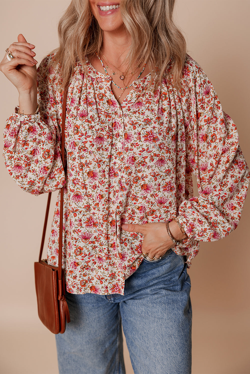Red Floral Print Pleated Detail Notched Neck Puff Sleeve Blouse-Tops/Blouses & Shirts-[Adult]-[Female]-Red-S-2022 Online Blue Zone Planet