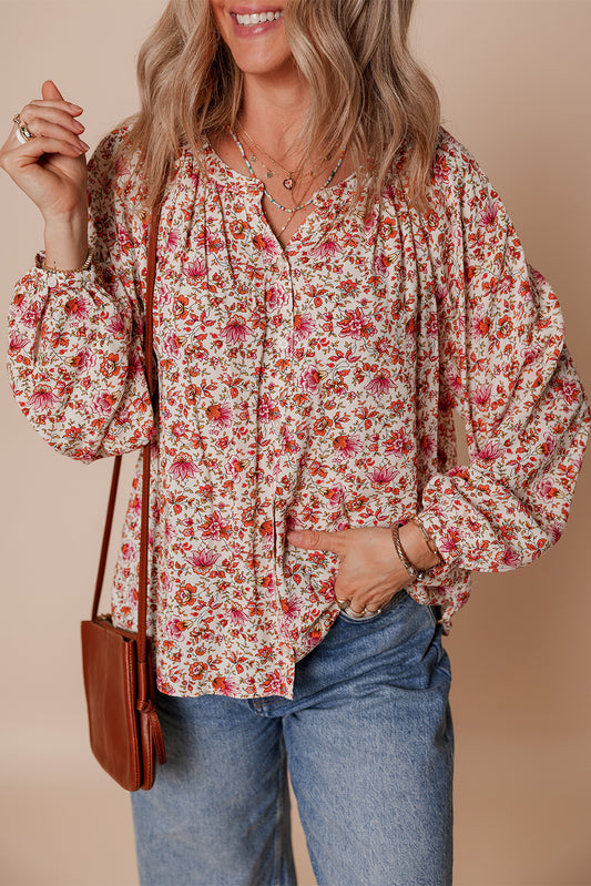 Red Floral Print Pleated Detail Notched Neck Puff Sleeve Blouse-Tops/Blouses & Shirts-[Adult]-[Female]-Red-S-2022 Online Blue Zone Planet