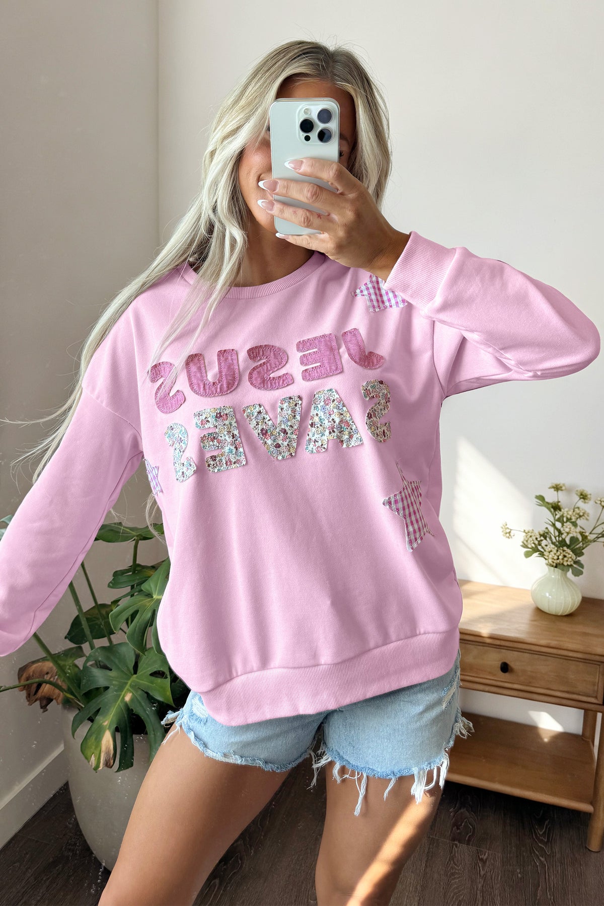 Pink Patchwork Stars Plaid Unique Floral Letters Baggy Sweatshirt-Tops/Sweatshirts & Hoodies-[Adult]-[Female]-2022 Online Blue Zone Planet