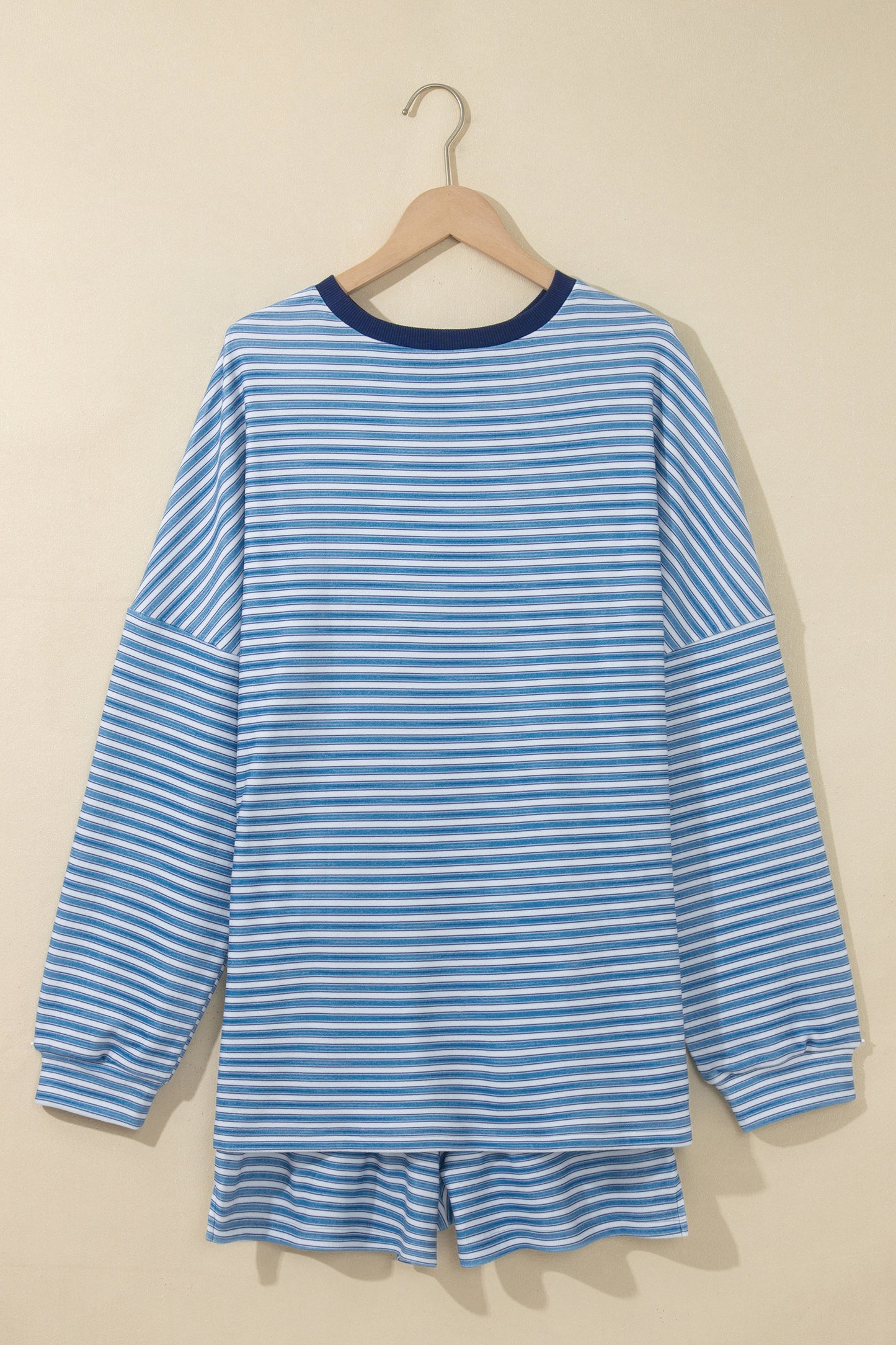 Sky Blue Stripe Long Sleeve Oversized Top Pocketed Casual Shorts Two Piece Set-Two Piece Sets/Short Sets-[Adult]-[Female]-2022 Online Blue Zone Planet