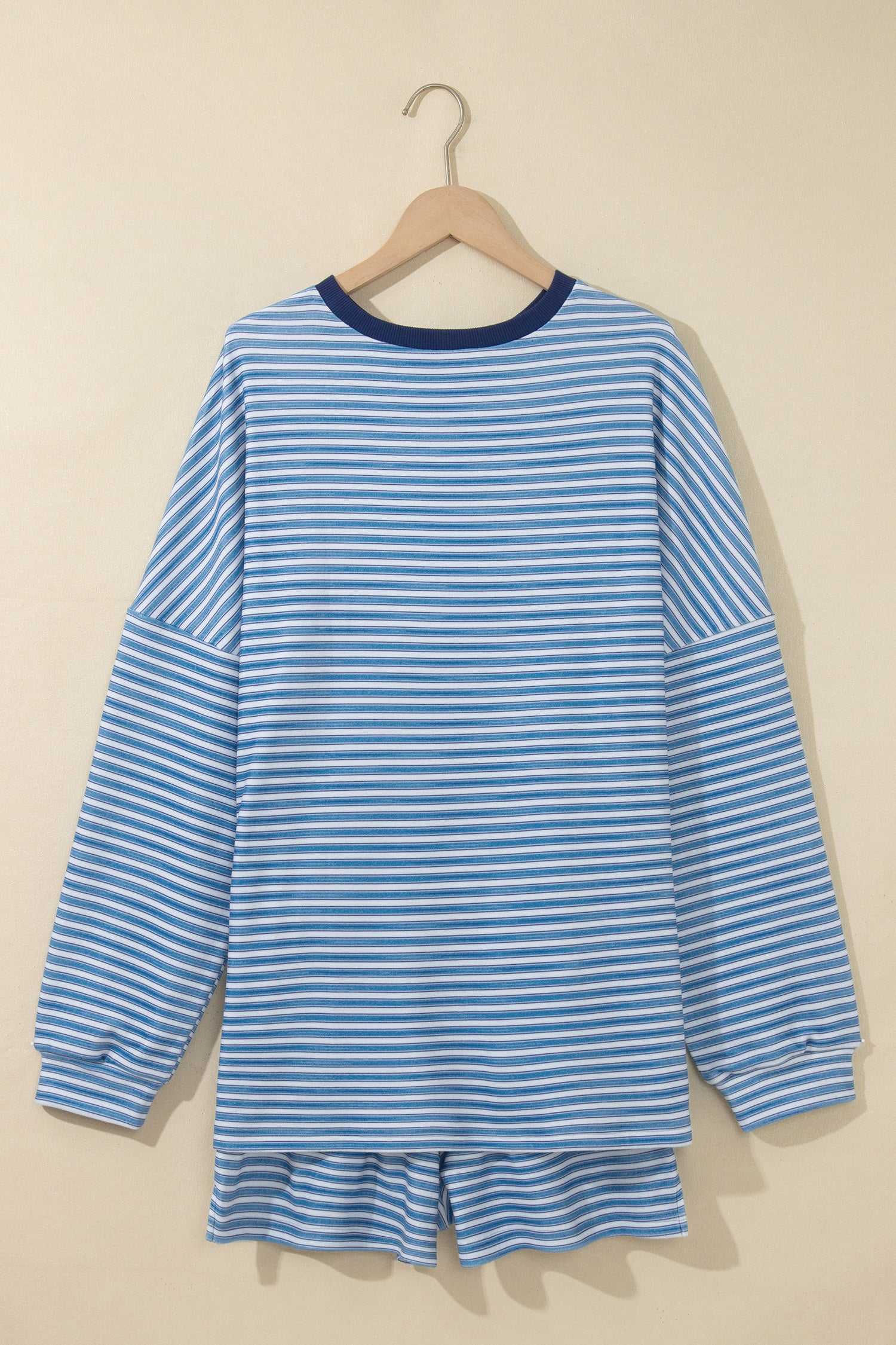 Sky Blue Stripe Long Sleeve Oversized Top Pocketed Casual Shorts Two Piece Set-Two Piece Sets/Short Sets-[Adult]-[Female]-2022 Online Blue Zone Planet