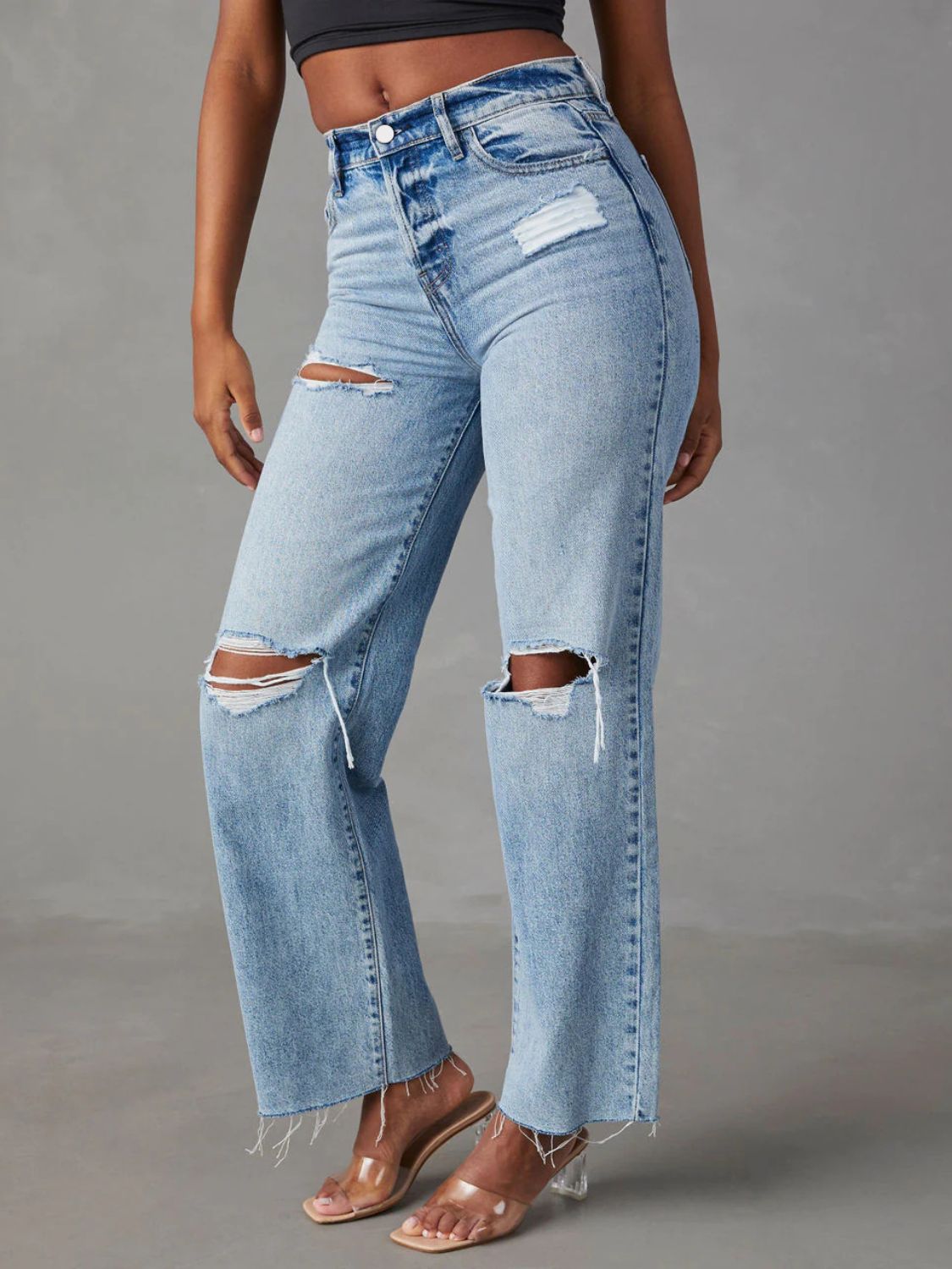 Distressed Straight Leg Jeans with Pockets-TOPS / DRESSES-[Adult]-[Female]-2022 Online Blue Zone Planet