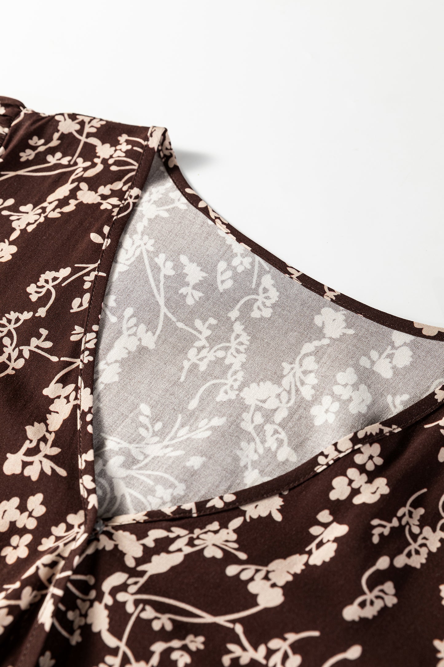 Brown Ditsy Floral Print Split Neck Long Sleeve Shirred Waist Flared Mini Dress-TOPS / DRESSES-[Adult]-[Female]-2022 Online Blue Zone Planet