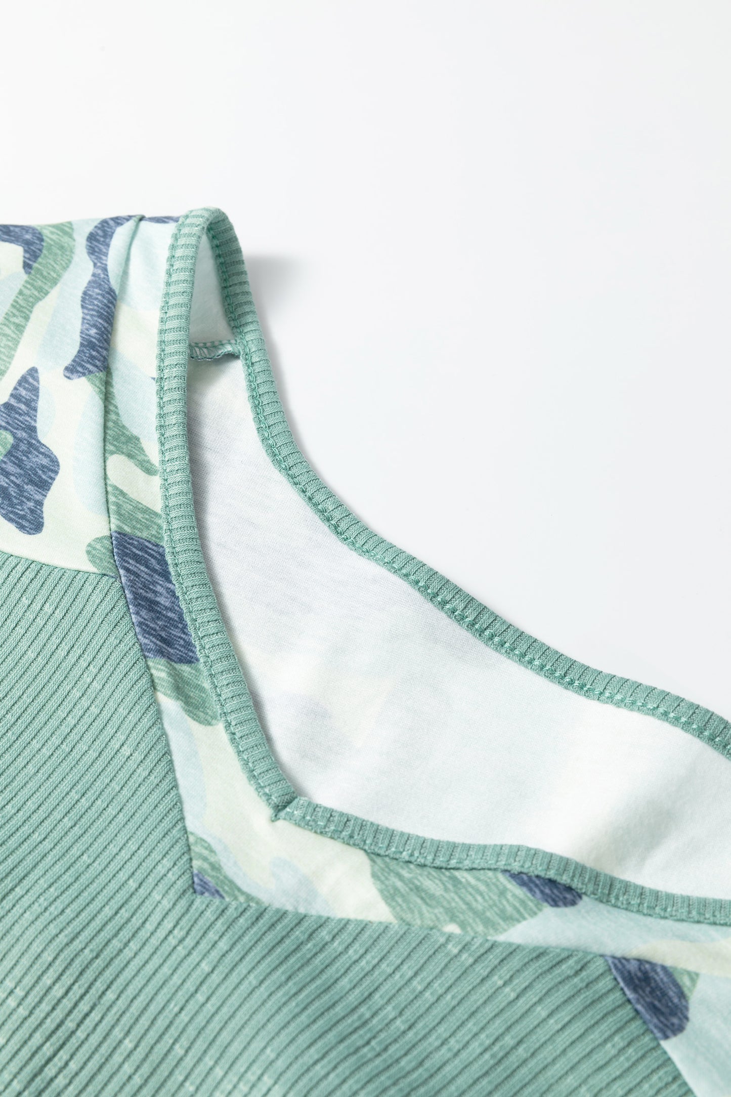 Mist Green Ribbed Camouflage Patchwork Plus Size V Neck Tee-Plus Size/Plus Size Tops/Plus Size Tops & Tees-[Adult]-[Female]-2022 Online Blue Zone Planet