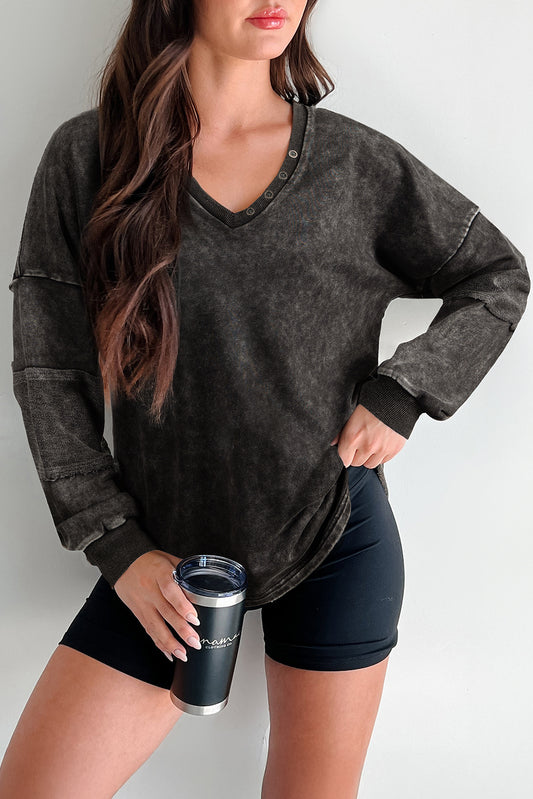Carbon Grey Mineral Wash Exposed Seam Buttoned V Neck Pullover Top-Tops/Long Sleeve Tops-[Adult]-[Female]-Carbon Grey-S-2022 Online Blue Zone Planet