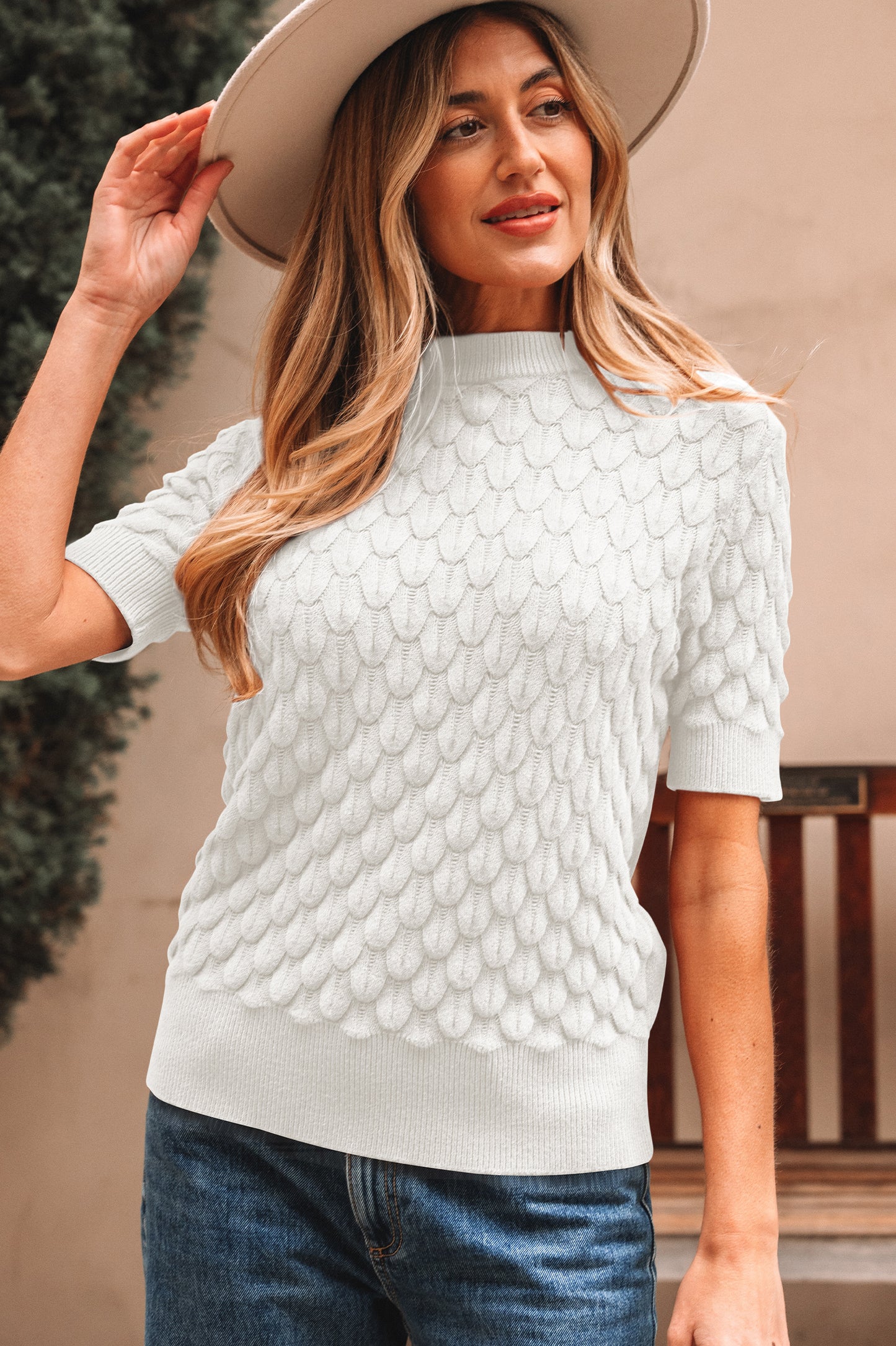 White Fish Scale Textured Knit Ribbed High Neck Short Sleeve Sweater-TOPS / DRESSES-[Adult]-[Female]-2022 Online Blue Zone Planet