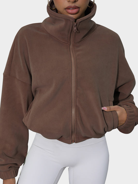 Drawstring Turtleneck Zip Up Long Sleeve Jacket-TOPS / DRESSES-[Adult]-[Female]-Coffee Brown-S-2022 Online Blue Zone Planet