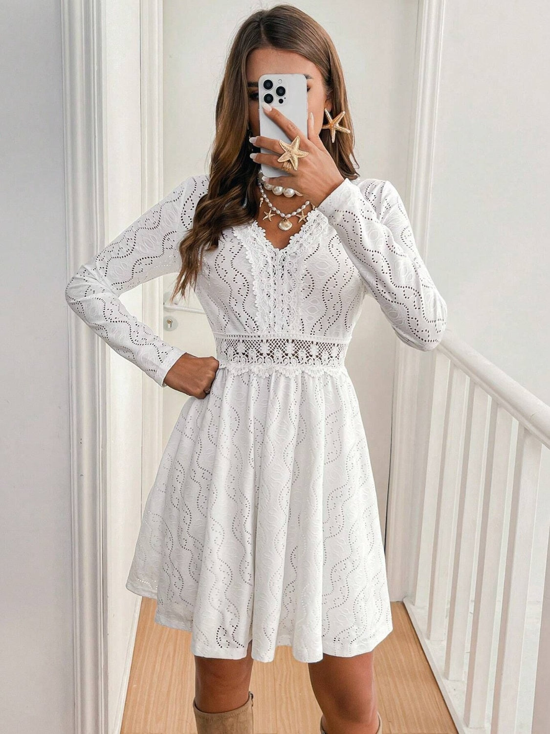 Lace Detail V Neck Long Sleeve Mini Dress-TOPS / DRESSES-[Adult]-[Female]-2022 Online Blue Zone Planet