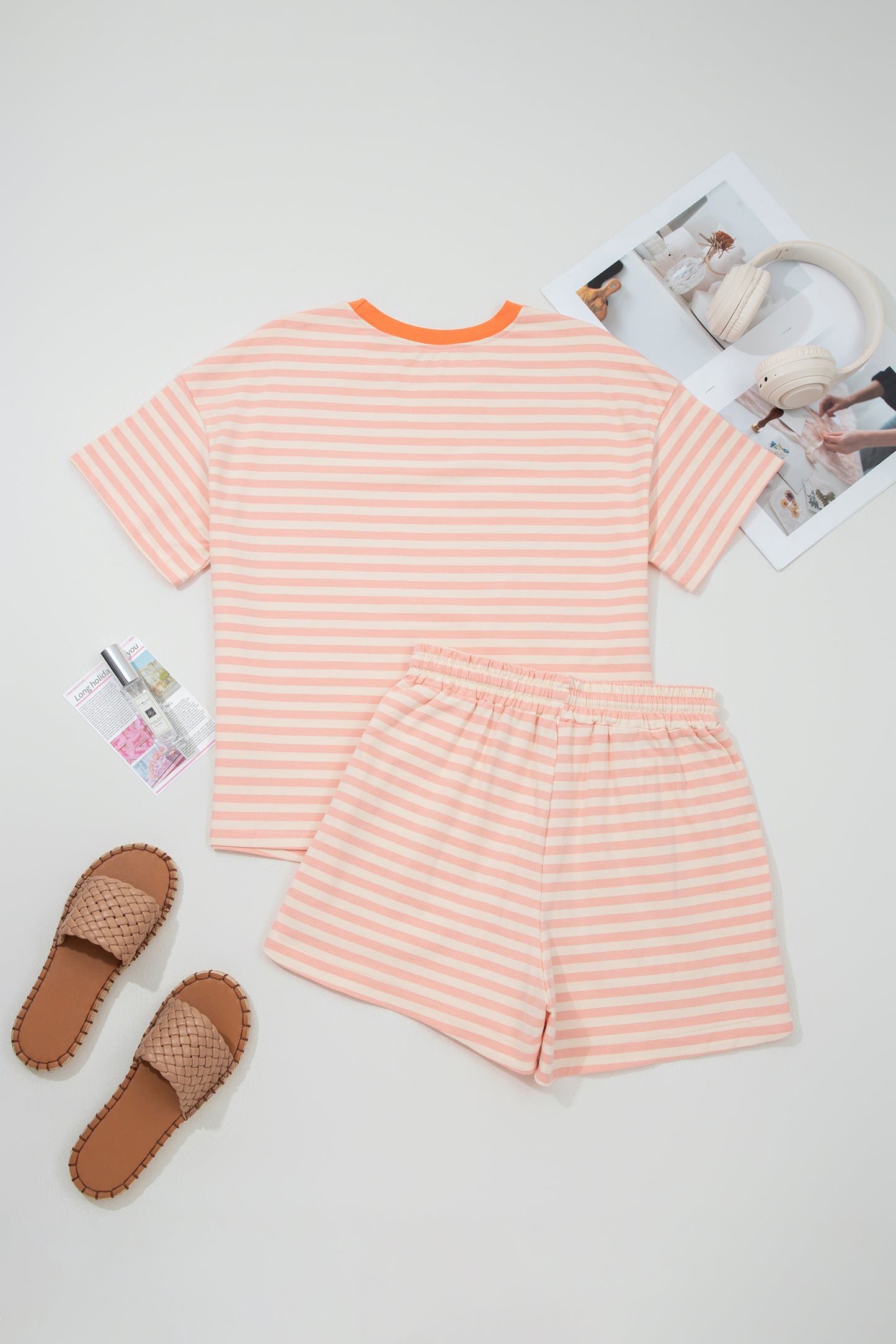 Pink Stripe Contrast Neck Loose Tee and Drawstring Shorts Set-Two Piece Sets/Short Sets-[Adult]-[Female]-2022 Online Blue Zone Planet