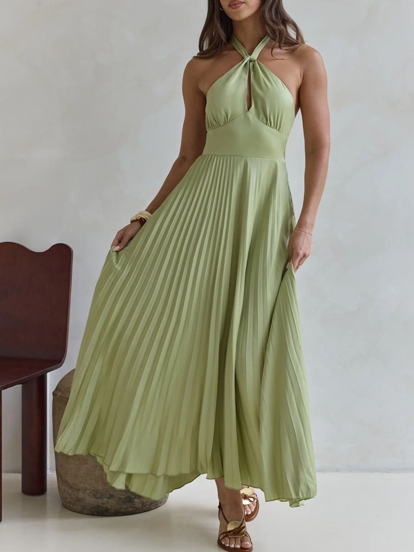 green pleated halter neck dress Forest Green Pleated Halter Dress